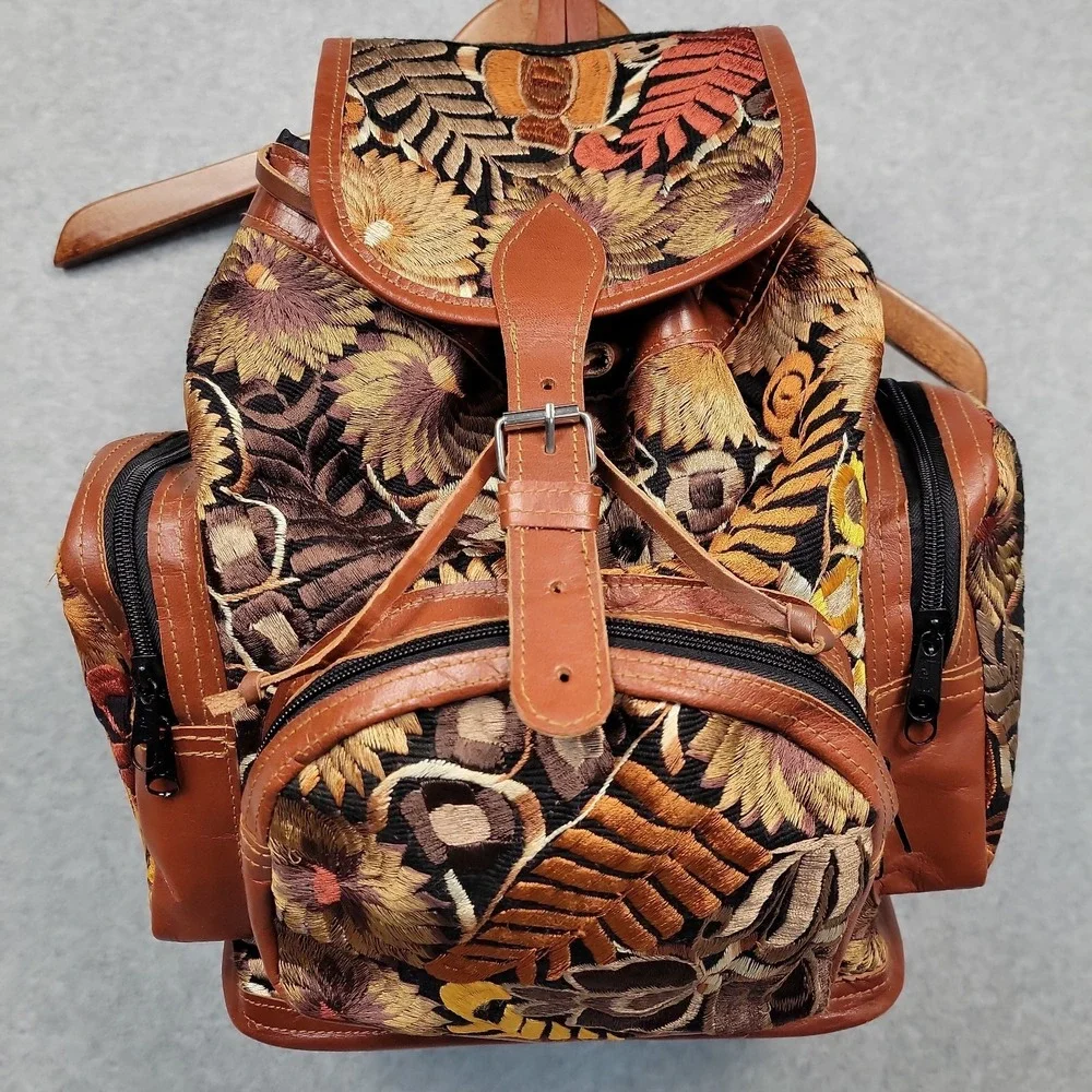 Handmade Guatemalan Leather and Embroidery Cotton Boho Backpack Artisan Floral